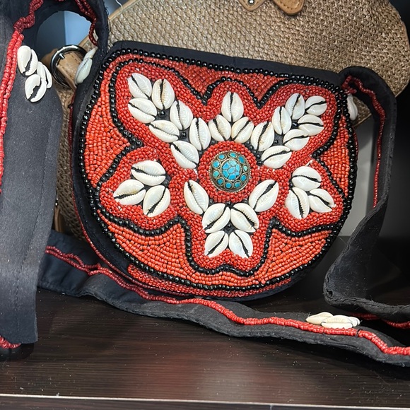 Handbags - Red and Black Crossbody Bag with Floral Embroidery